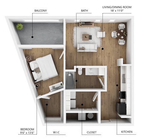Floor plan for 1 bed, 1 bath, 825 sqft